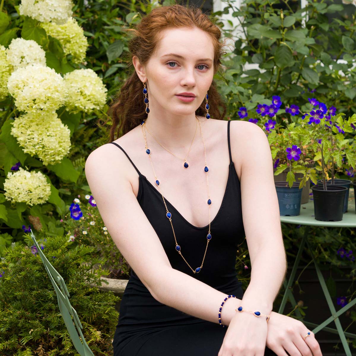 Model wearing Semi-precious Lapis Stone Necklace - Long