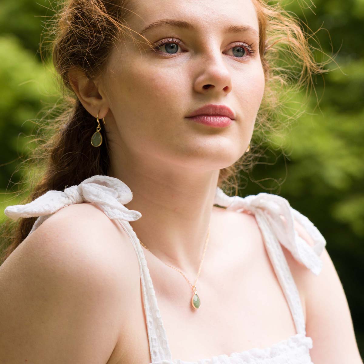 Model wearing Semi-Precious Stone Set in Gold & Chrysoprase