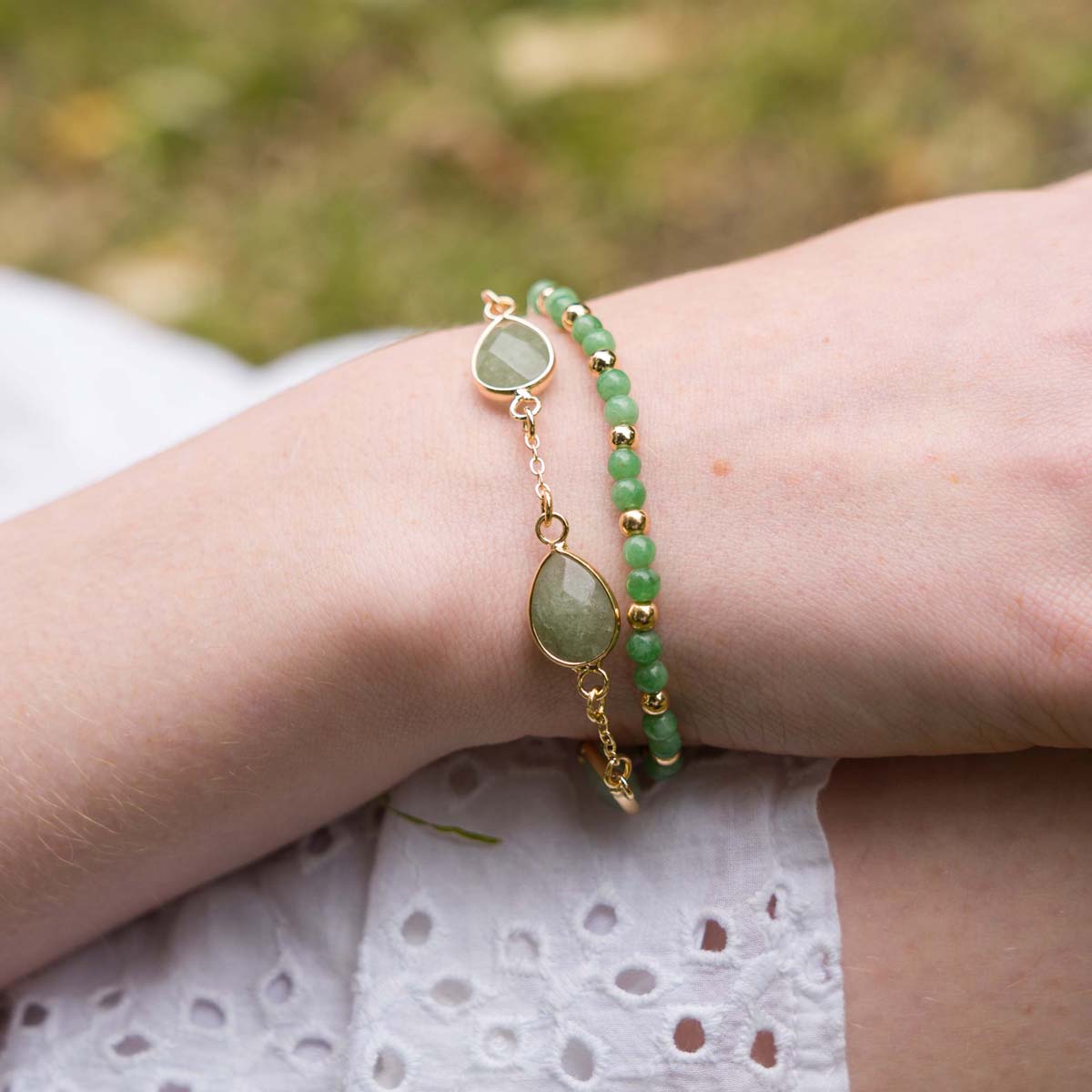 Model wearing Natural Chrysoprase Stone Gold Clasp Bracelet