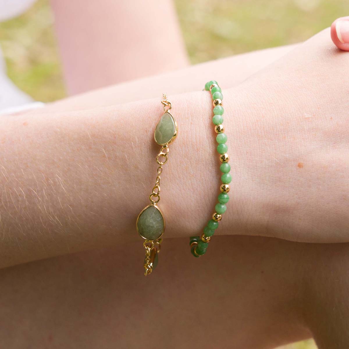 Model wearing Natural Chrysoprase Stone Gold Clasp Bracelet