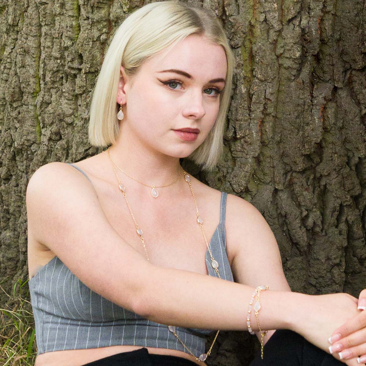 Model wearing Long Moonstone Multi Crystal Gold Necklace