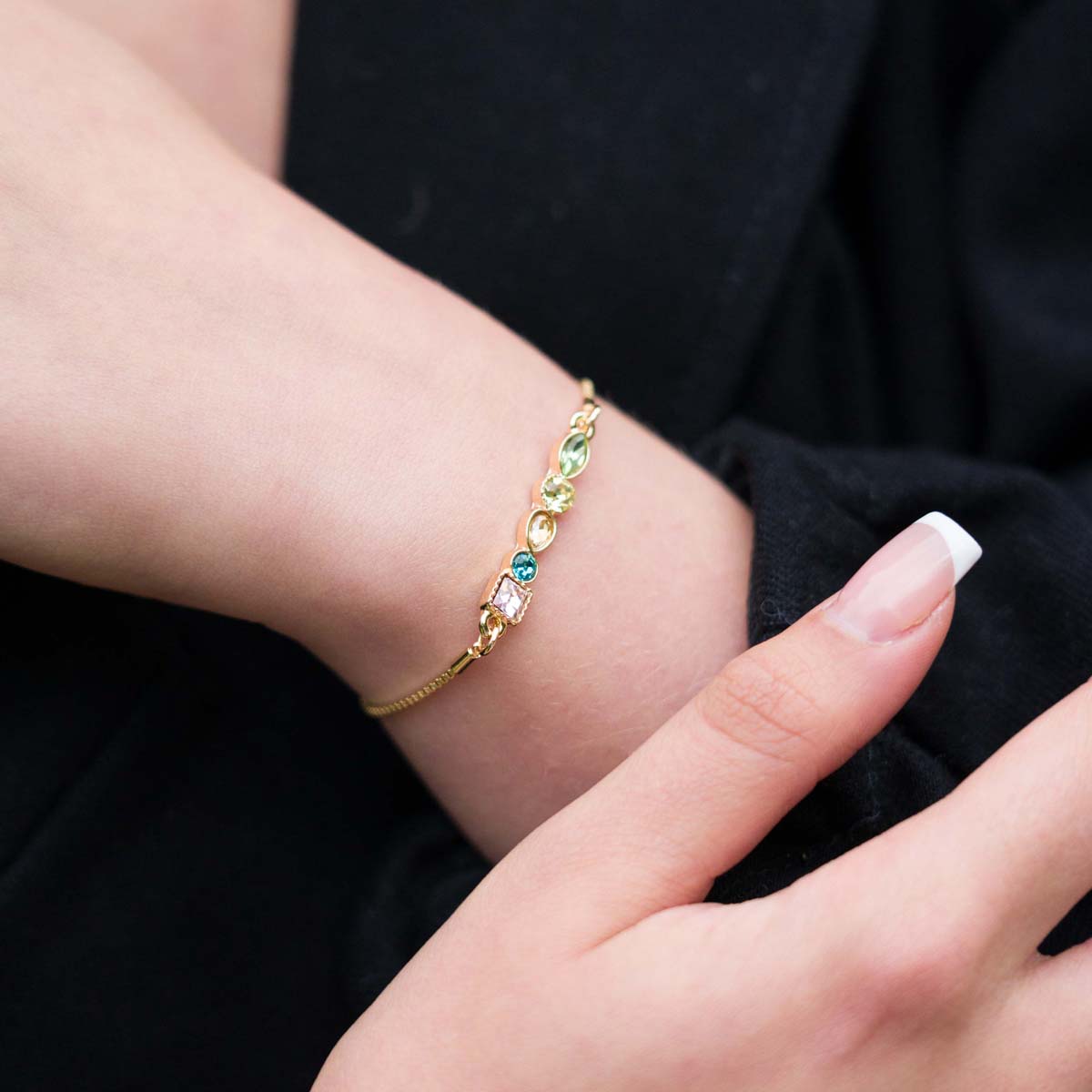 Model wearing Multi-coloured Gemstone Drawstring Bracelet