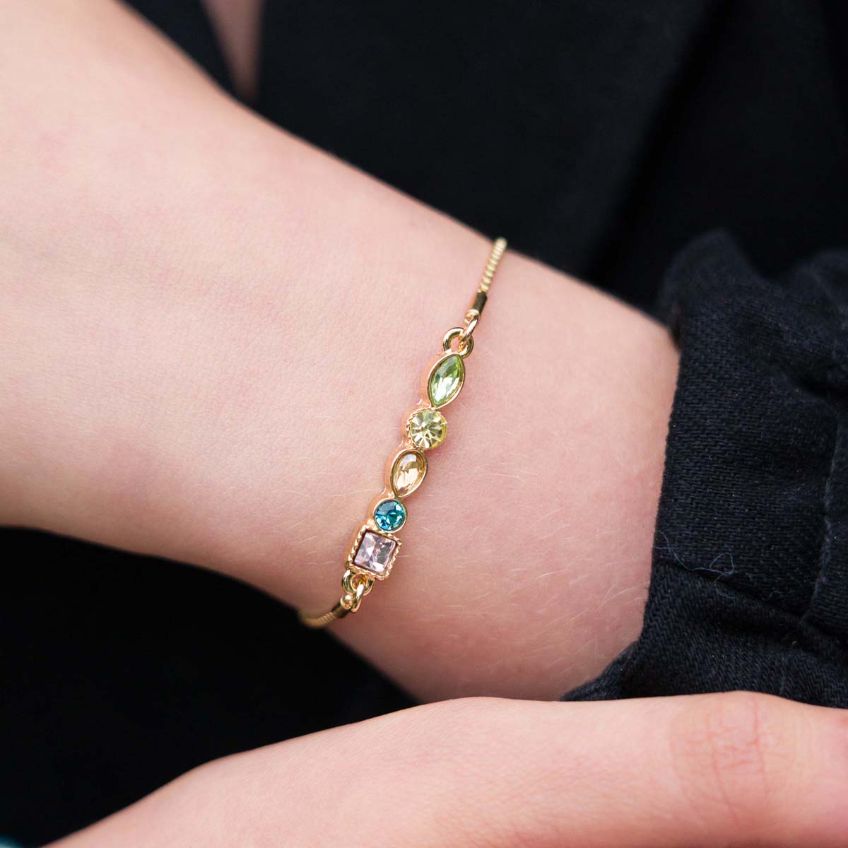 Model wearing Multi-coloured Gemstone Drawstring Bracelet