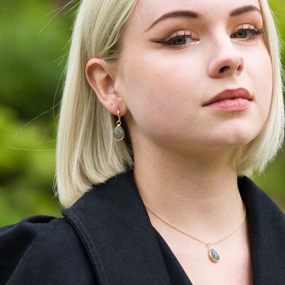 Model wearing Semi-Precious Stone Set in Gold & Labradorite