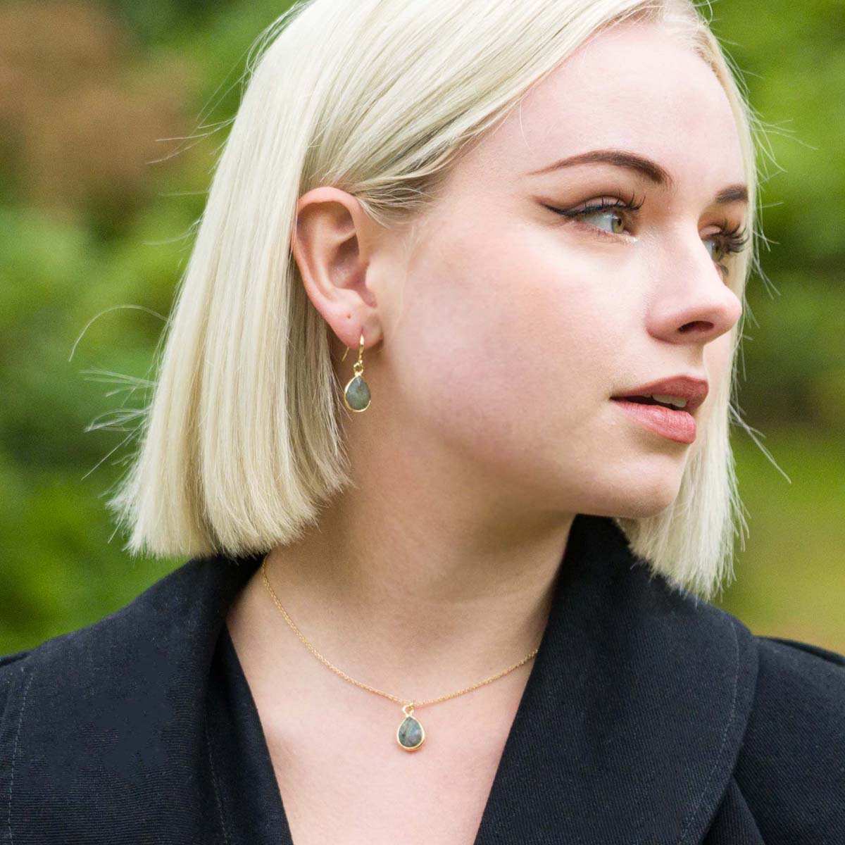 Model wearing Labradorite Gold Hook Earrings