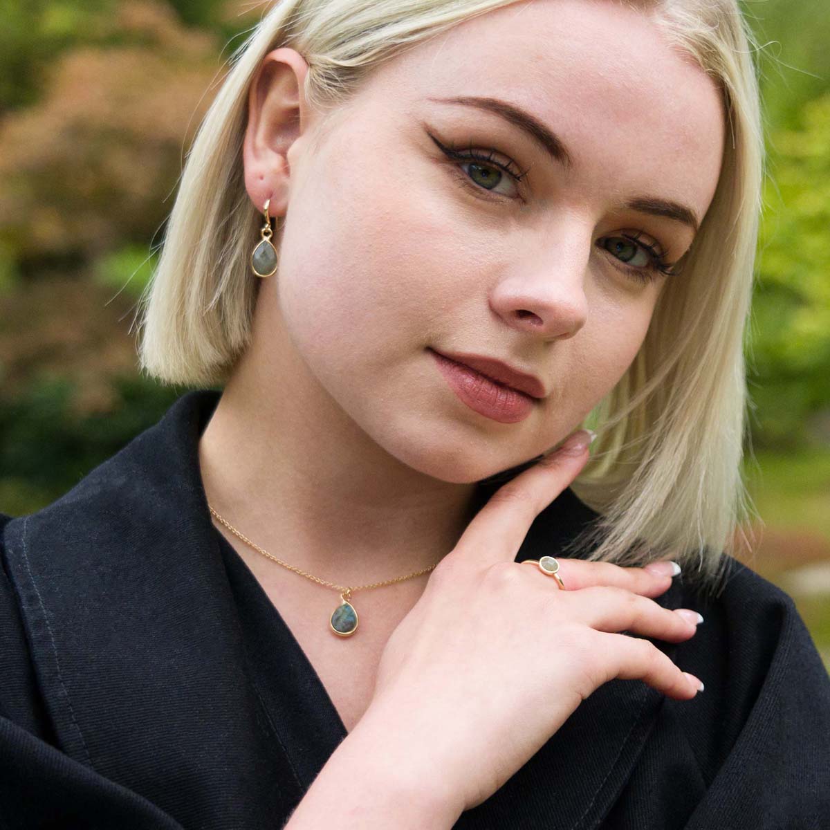 Model wearing Labradorite Gold Hook Earrings