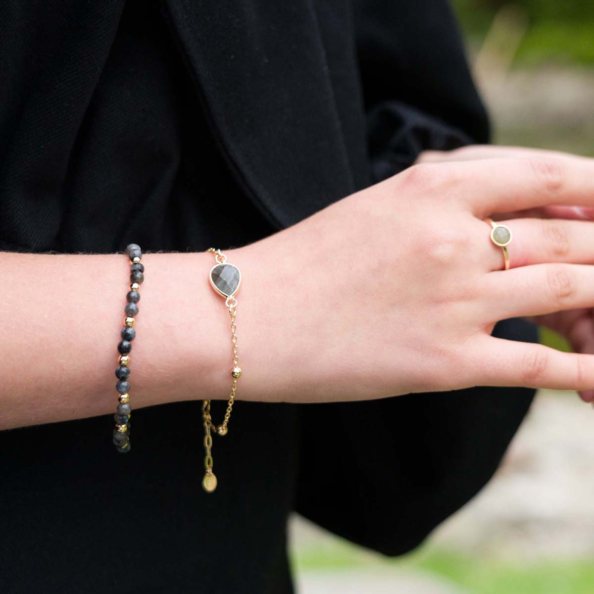 Model wearing Delicate Labradorite Gold Clasp Bracelet