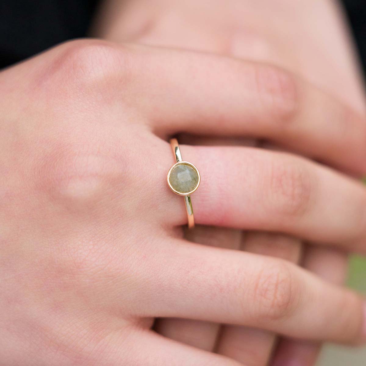 Model wearing Labradorite Gem Stone Gold Ring