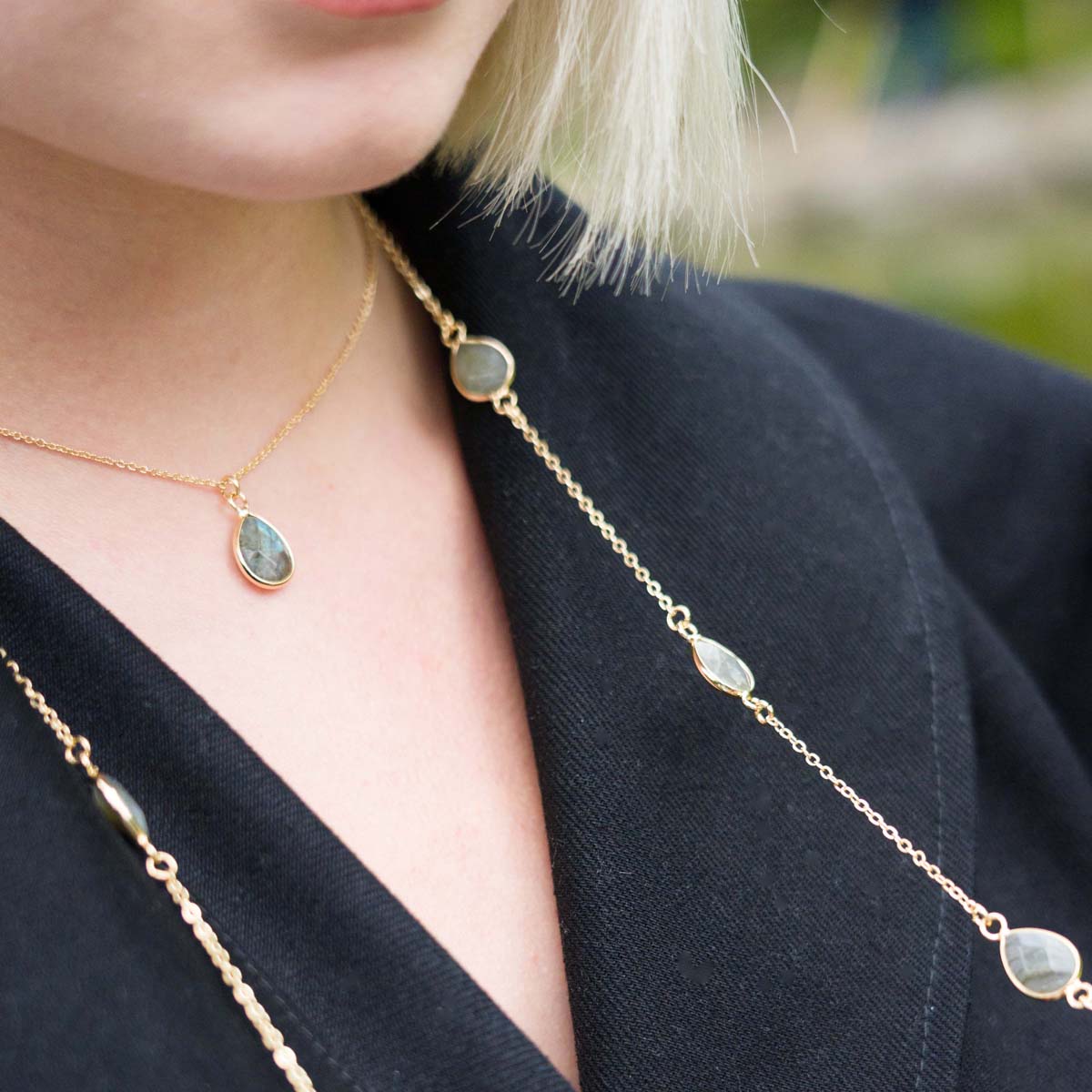 Model wearing Long Labradorite Multi Crystal Gold Necklace