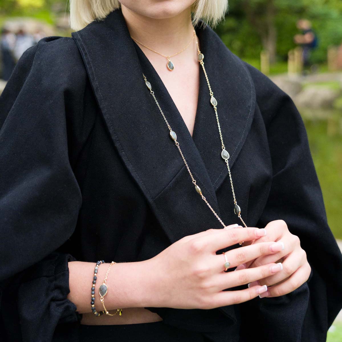 Model wearing Delicate Labradorite Gold Clasp Bracelet