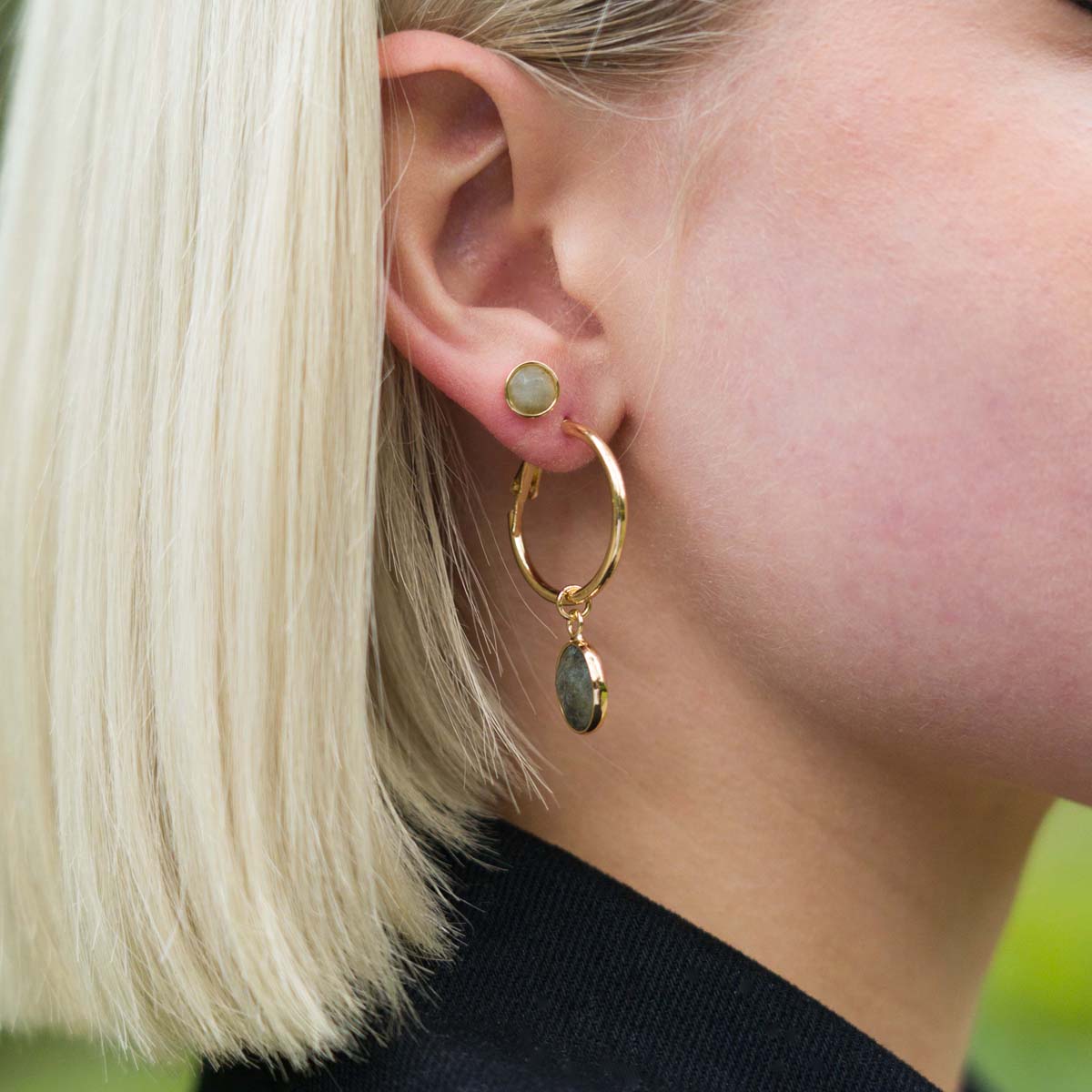 Model wearing Labradorite Circular Gold Lever Earrings