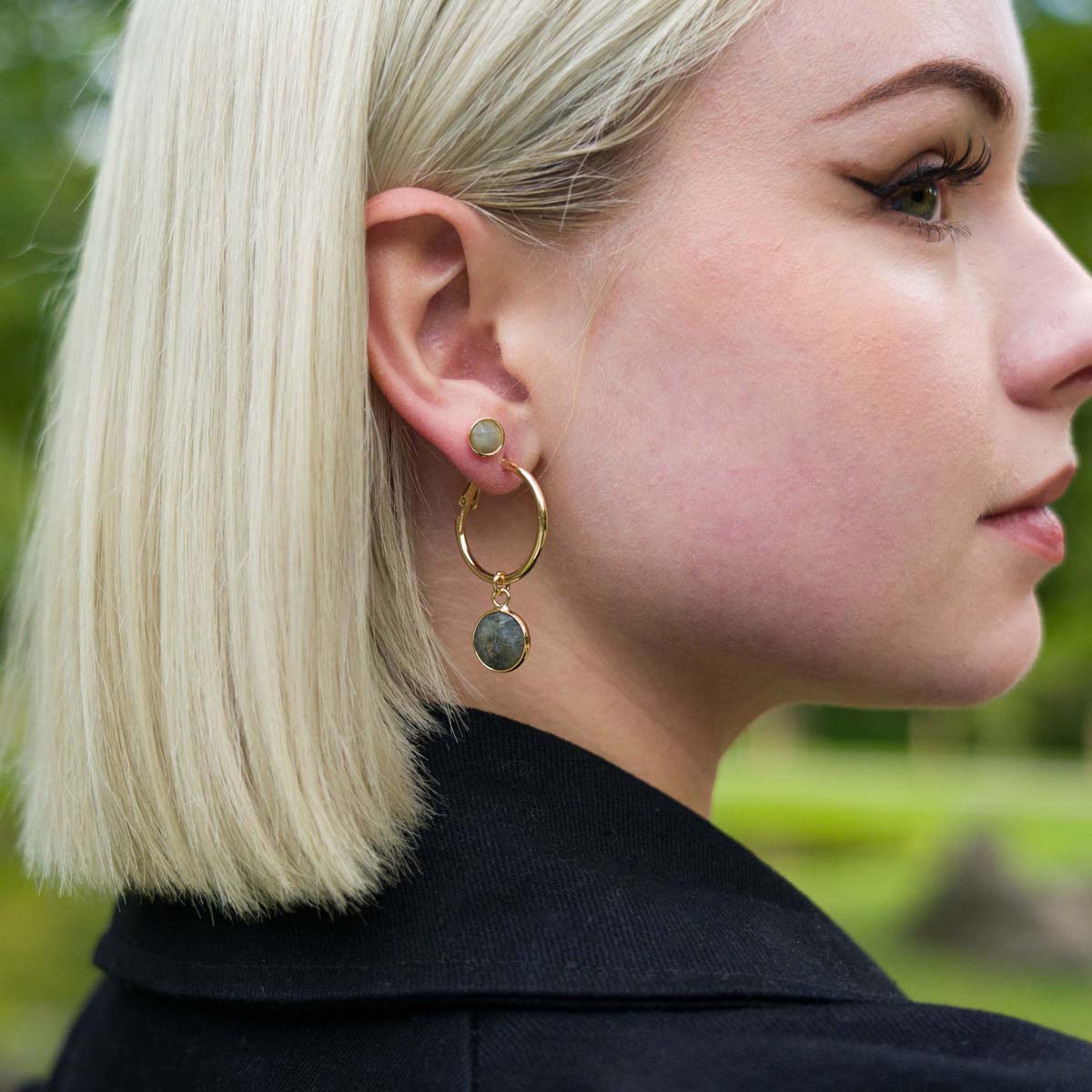 Model wearing Natural Labradorite Stone Gold Studs