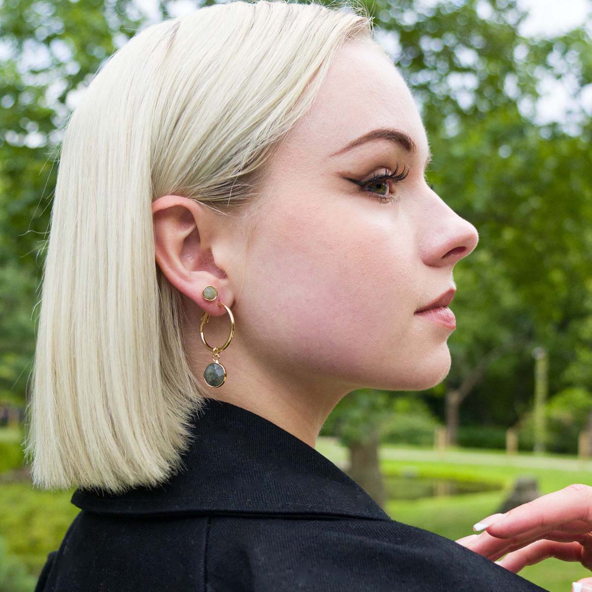 Model wearing Labradorite Circular Gold Lever Earrings