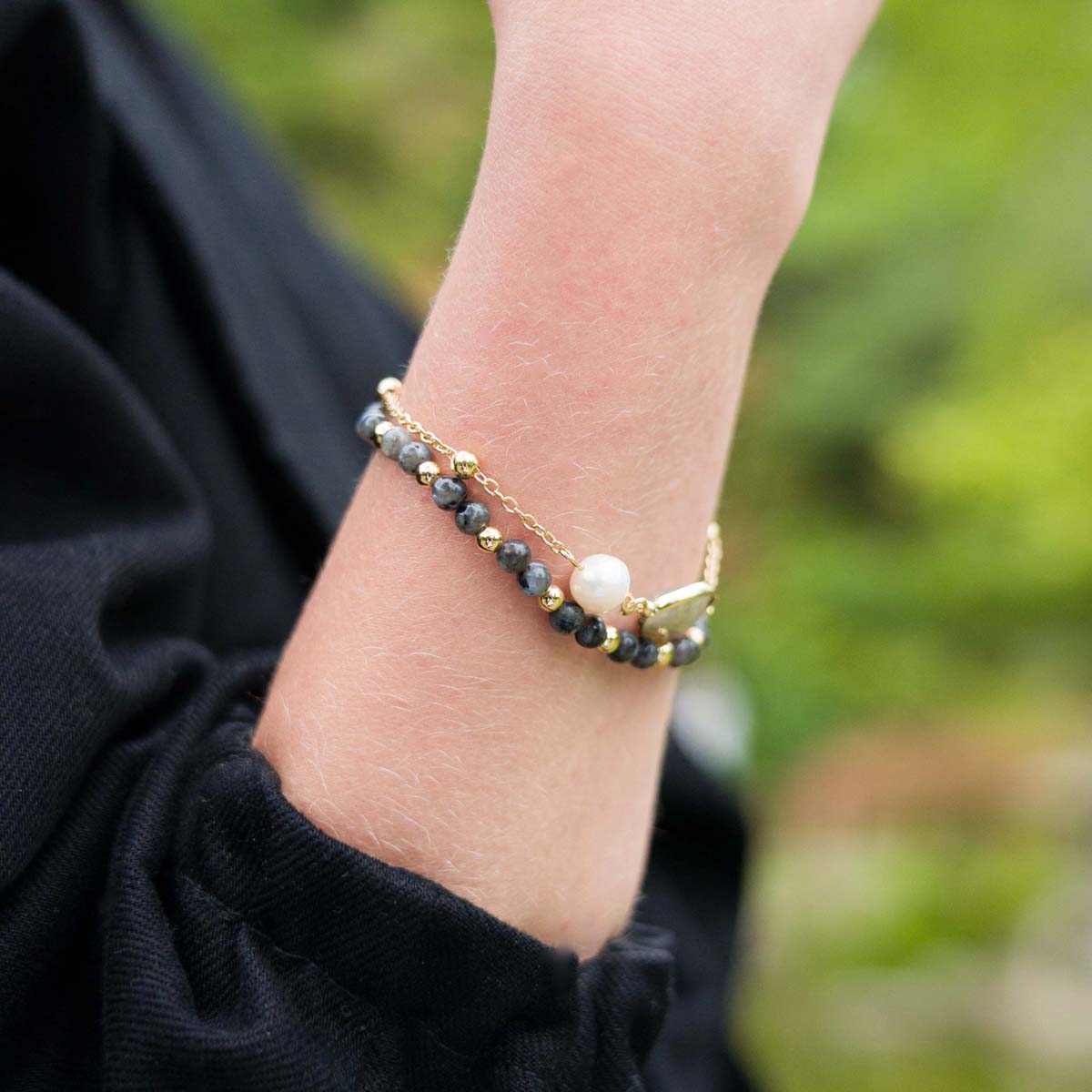 Model wearing Delicate Pearl And Labradorite Gold Clasp Bracelet