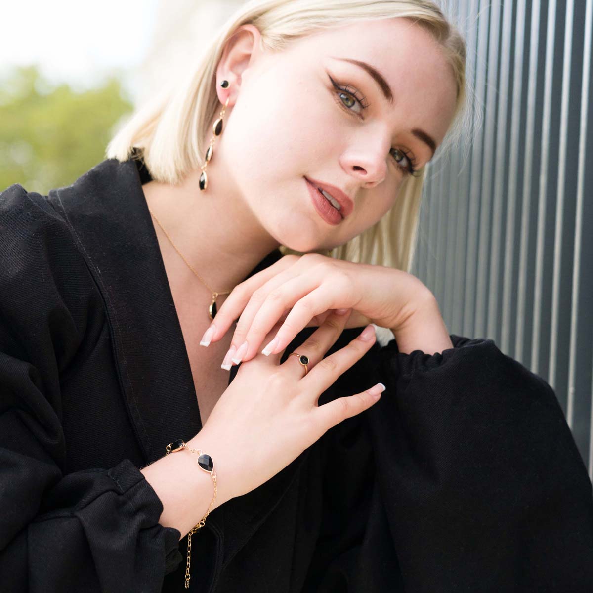 Model wearing Black Spinel Gem Stone Gold Ring