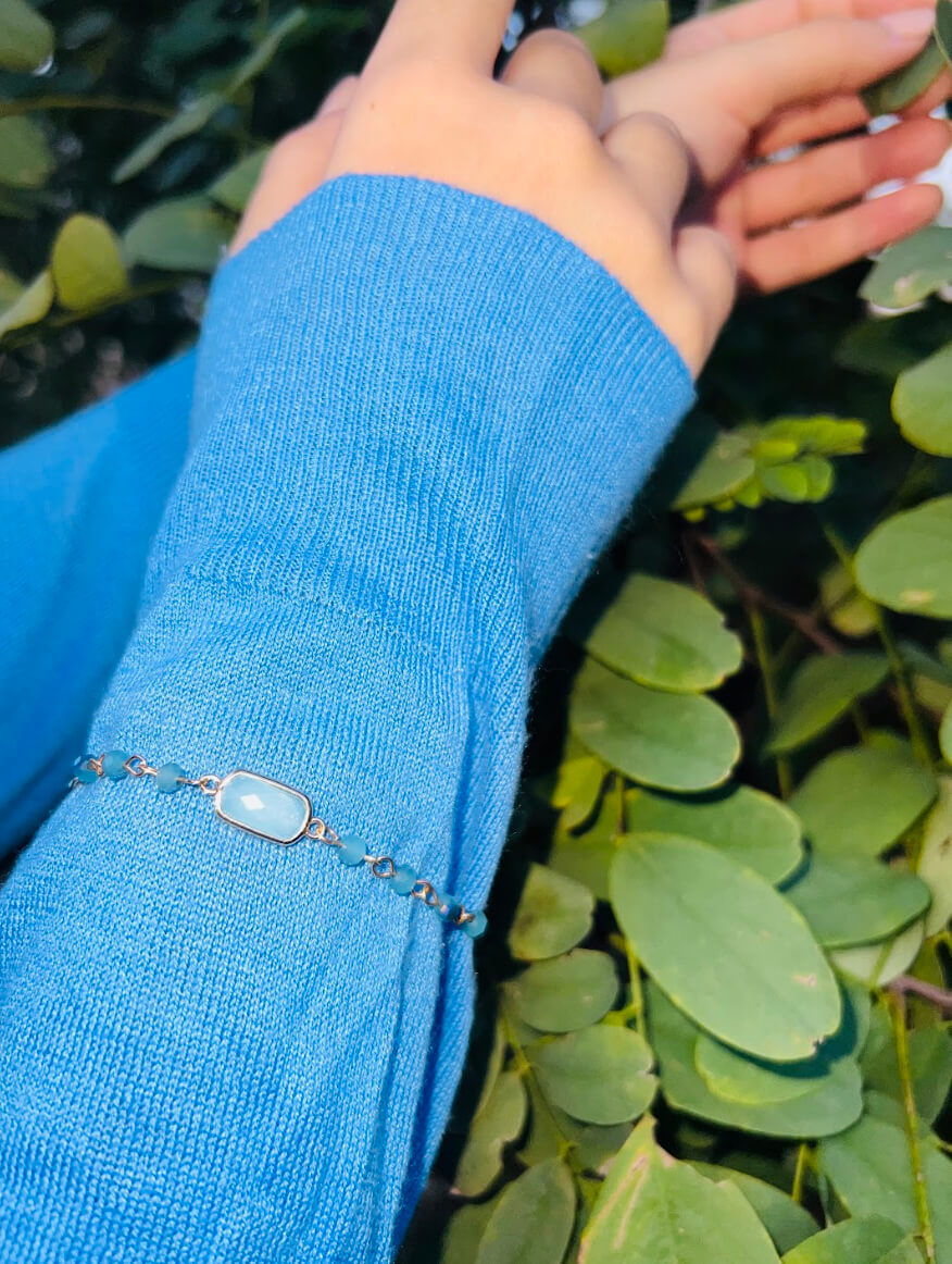 Aqua Blue Crystal Clasp Bracelet In Gold-Tone