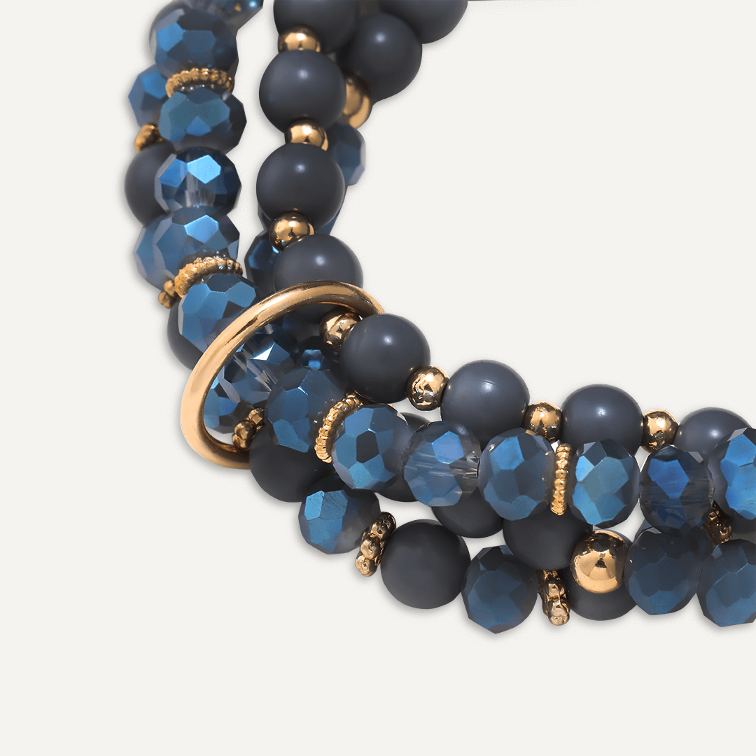 Multi-row Blue Semi-Precious Stone & Crystal Elasticated Bracelet In Gold-Tone