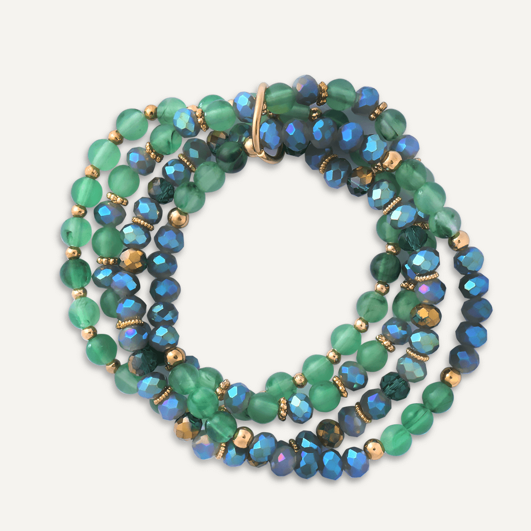 Multi-row Green Semi-Precious Stone & Crystal Elasticated Bracelet In Gold-Tone