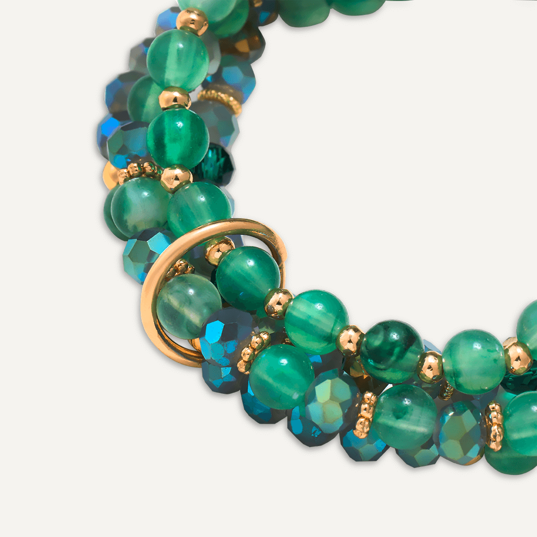 Multi-row Green Semi-Precious Stone & Crystal Elasticated Bracelet In Gold-Tone