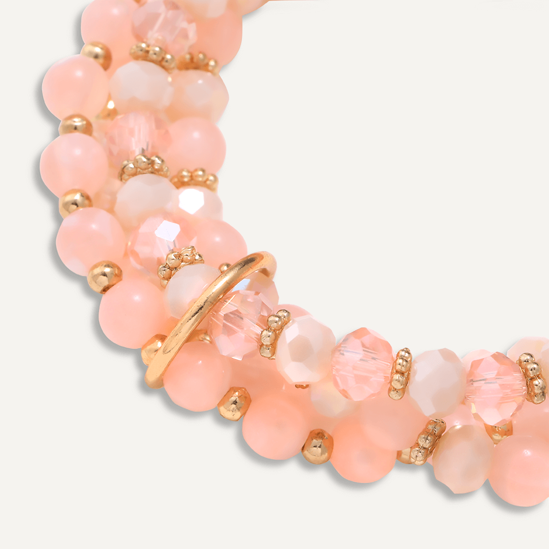 Multi-row Pink Semi-Precious Stone & Crystal Elasticated Bracelet In Gold-Tone