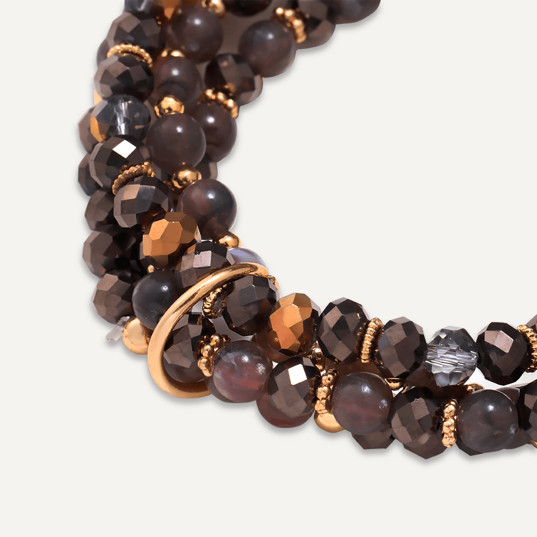 Multi-row Black Semi-Precious Stone & Crystal Elasticated Bracelet In Gold-Tone