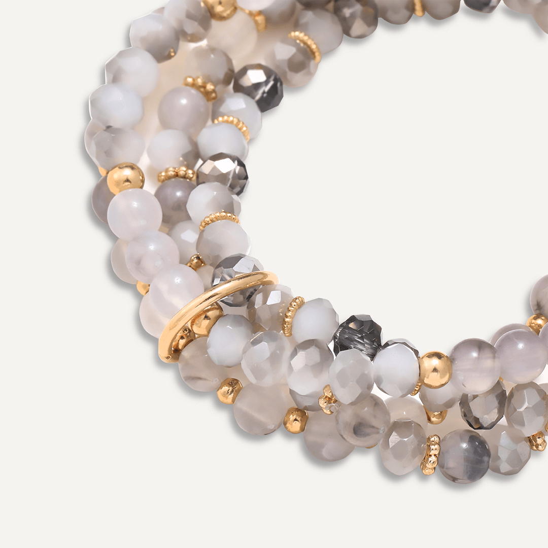 Multi-row Grey Semi-Precious Stone & Crystal Elasticated Bracelet In Gold-Tone