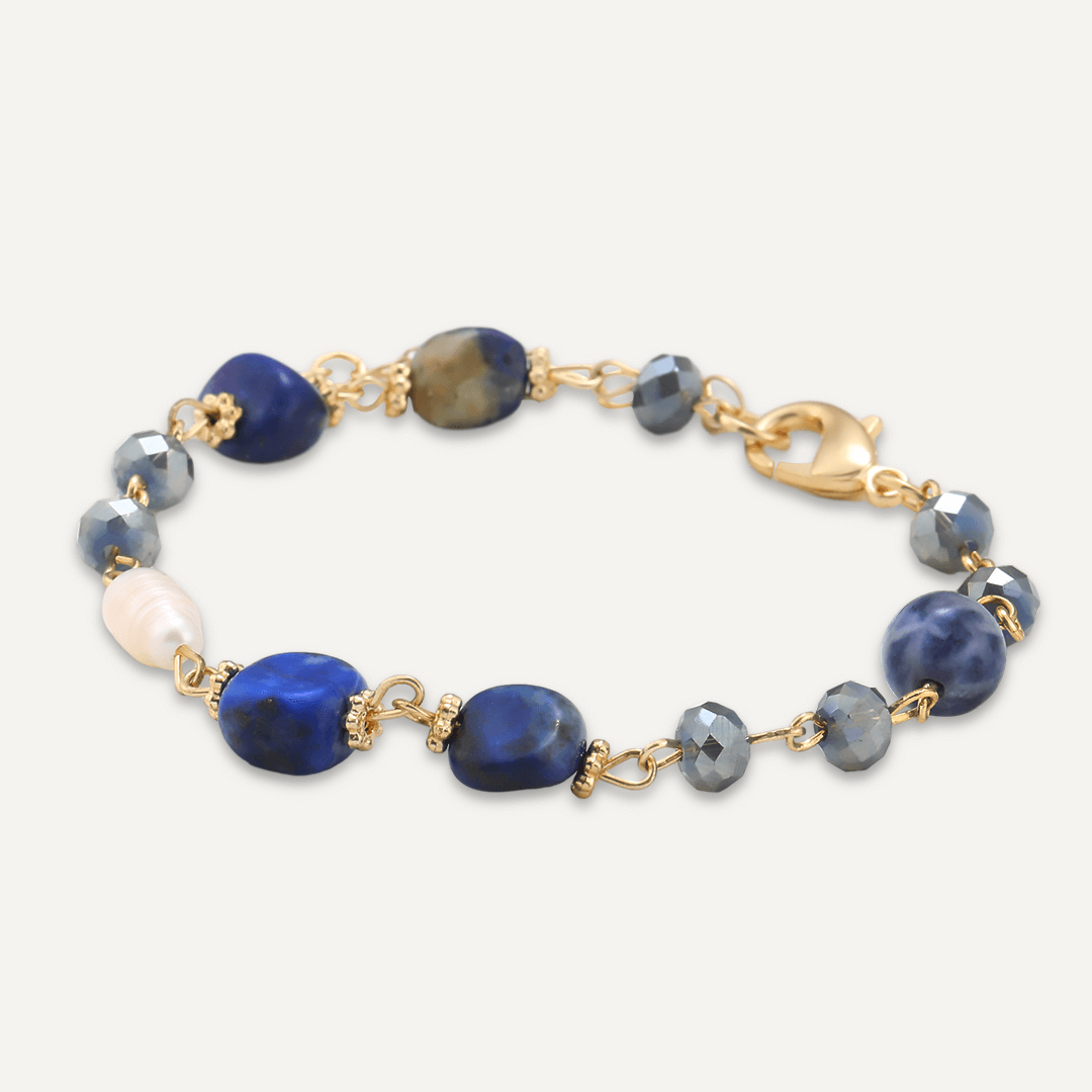 Blue Semi-Precious Stone & Freshwater Pearl Bracelet In Gold-Tone