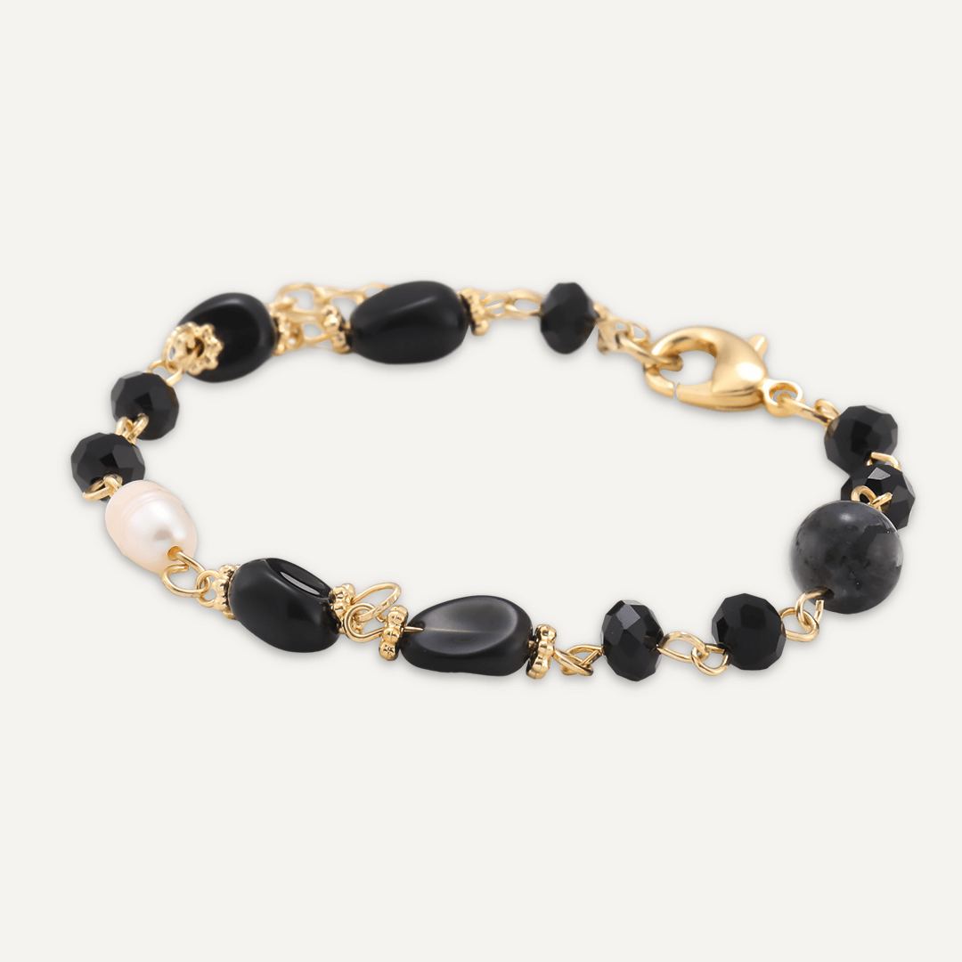 Black Natural Stone & Freshwater Pearl Bracelet In Gold-Tone