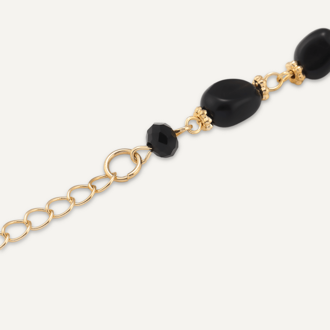 Black Natural Stone & Freshwater Pearl Bracelet In Gold-Tone