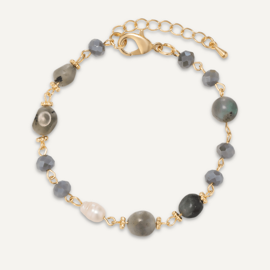 Grey Natural Stone & Freshwater Pearl Bracelet In Gold-Tone