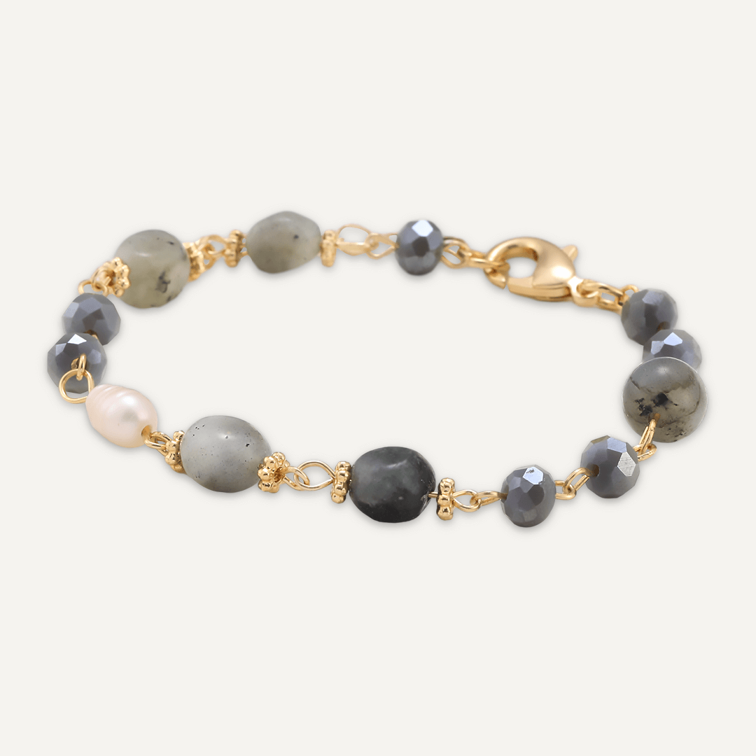 Grey Natural Stone & Freshwater Pearl Bracelet In Gold-Tone