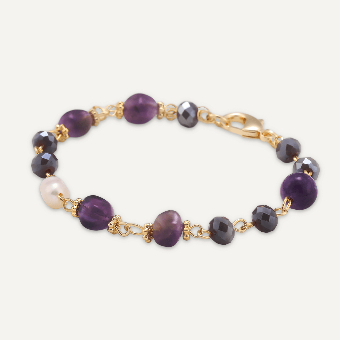 Purple Natural Stone & Freshwater Pearl Bracelet In Gold-Tone