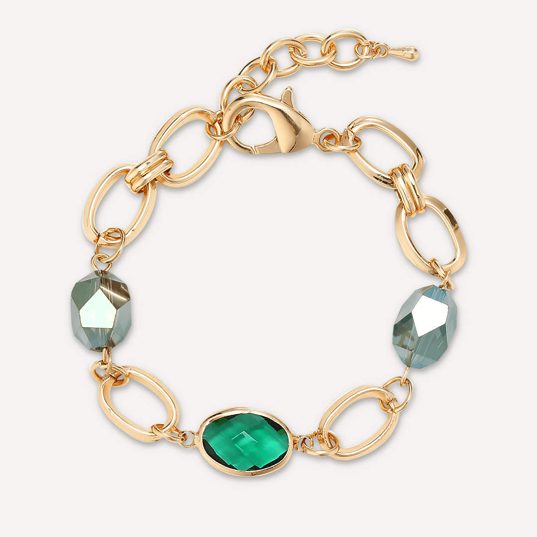 Abstract Green Crystal Clasp Bracelet In Gold-Tone