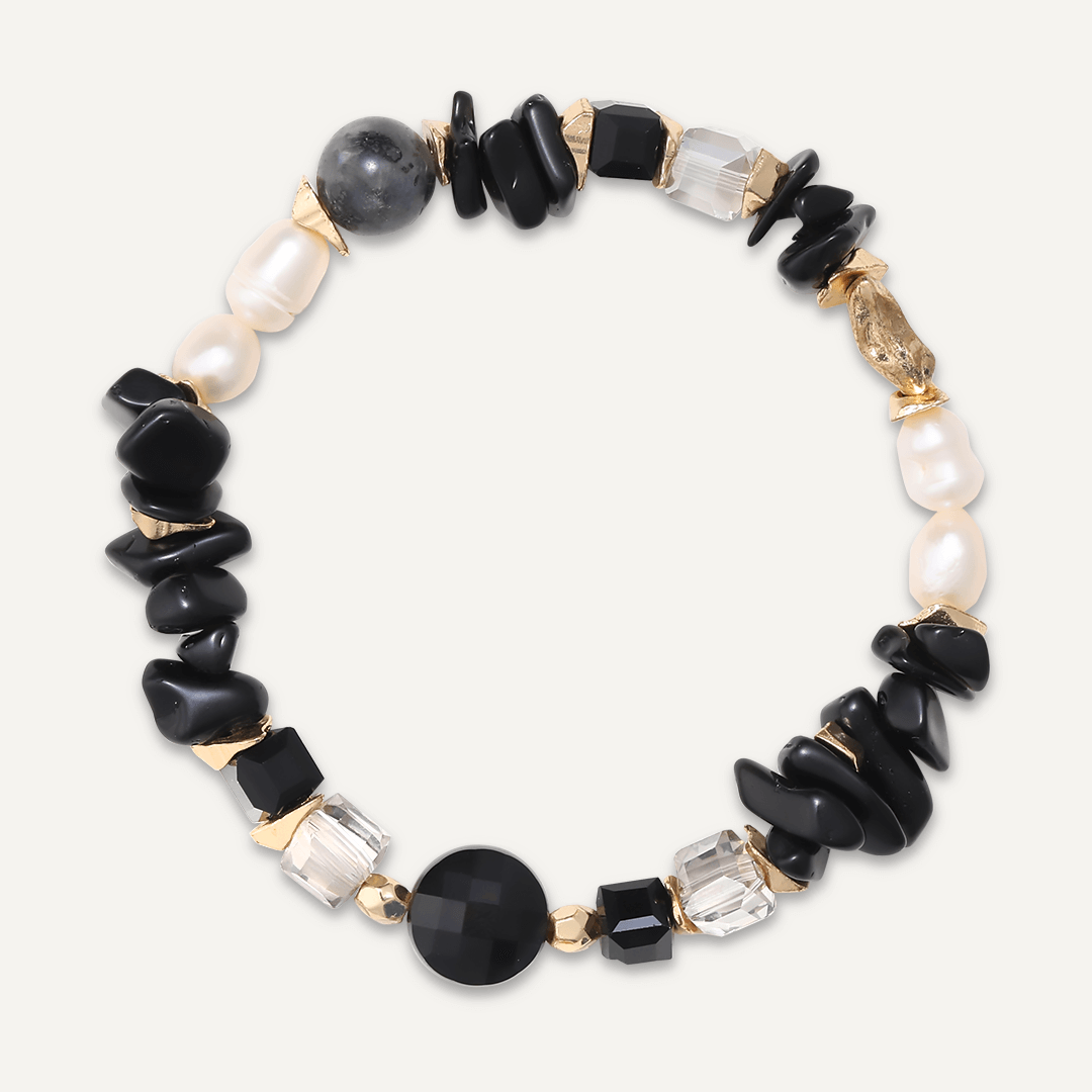 Natural Black Stone & Pearl Elasticated Bracelet In Gold-Tone