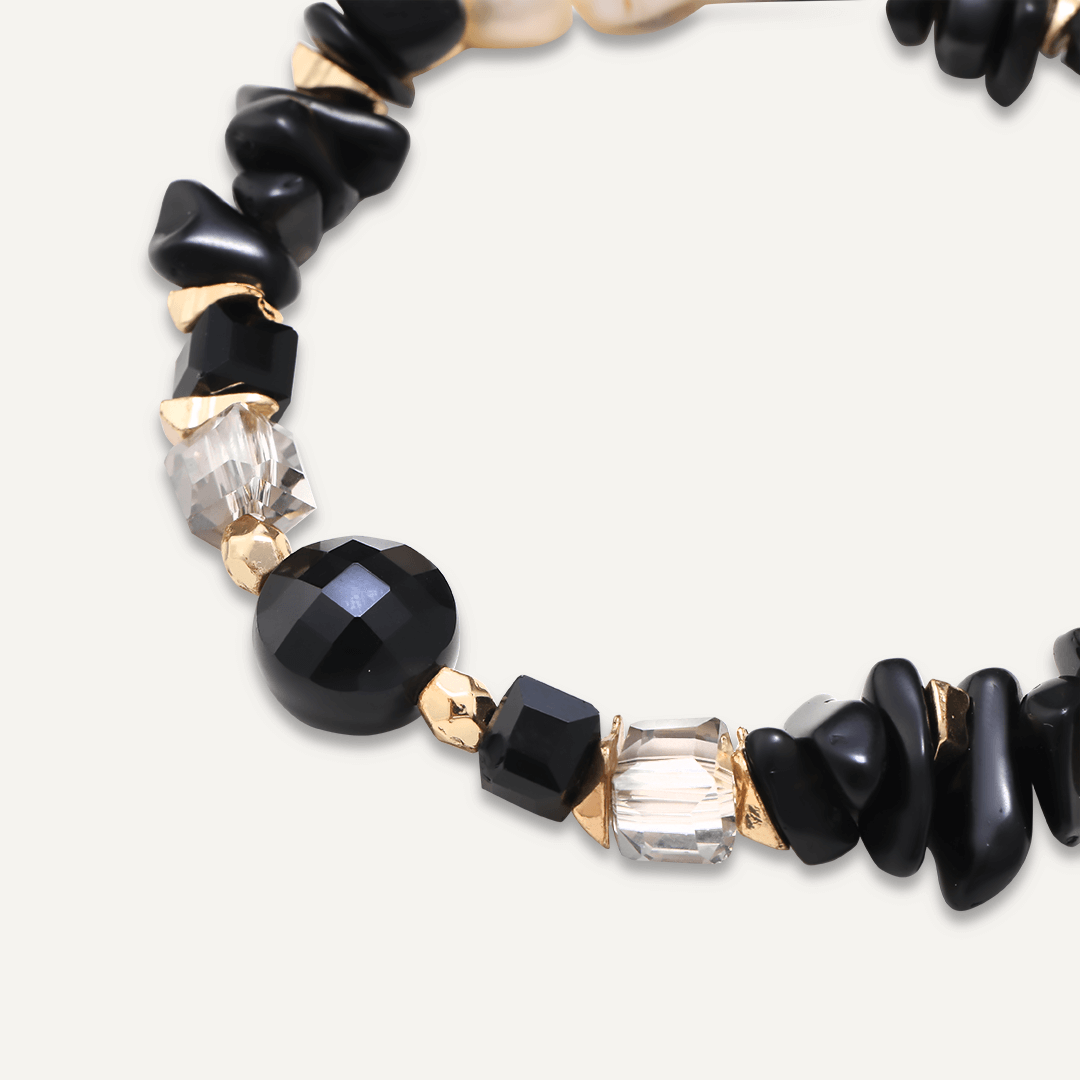 Natural Black Stone & Pearl Elasticated Bracelet In Gold-Tone