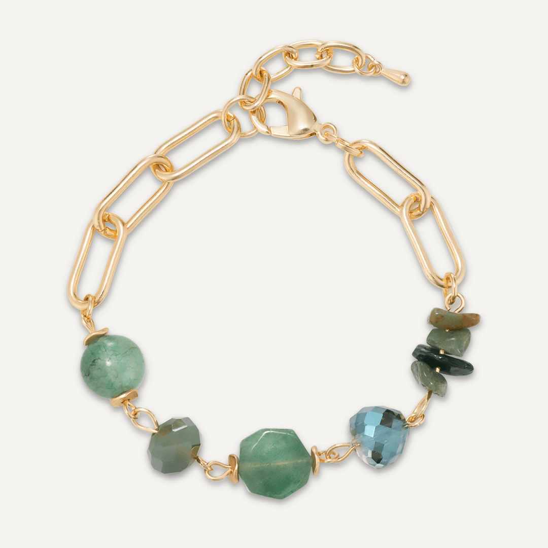 Green Semi-Precious Stone & Crystal Clasp Bracelet In Gold-Tone