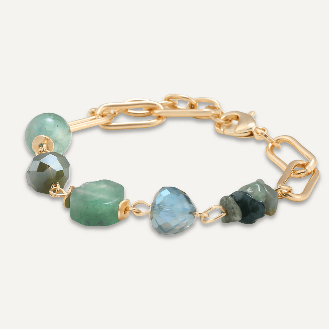 Green Semi-Precious Stone & Crystal Clasp Bracelet In Gold-Tone