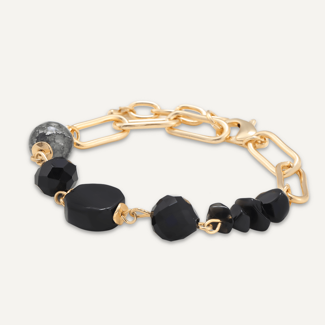 Black Semi-Precious Stone & Crystal Clasp Bracelet In Gold-Tone