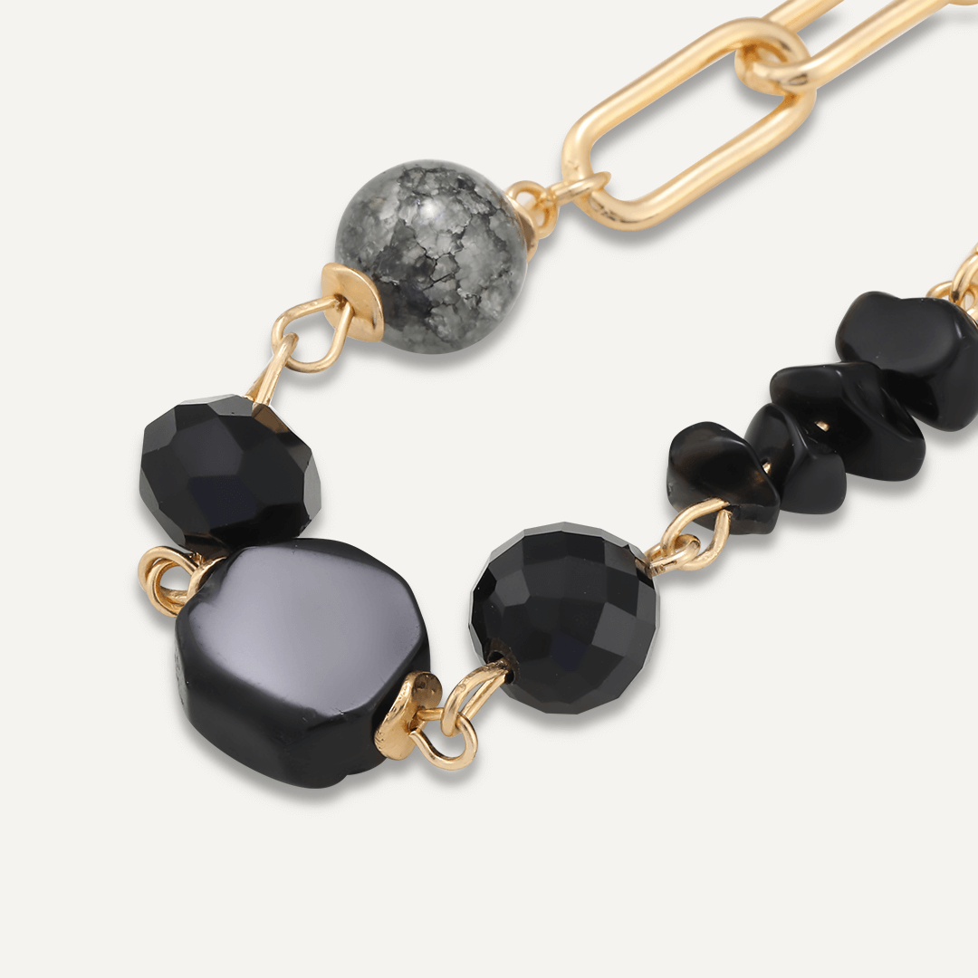 Black Semi-Precious Stone & Crystal Clasp Bracelet In Gold-Tone