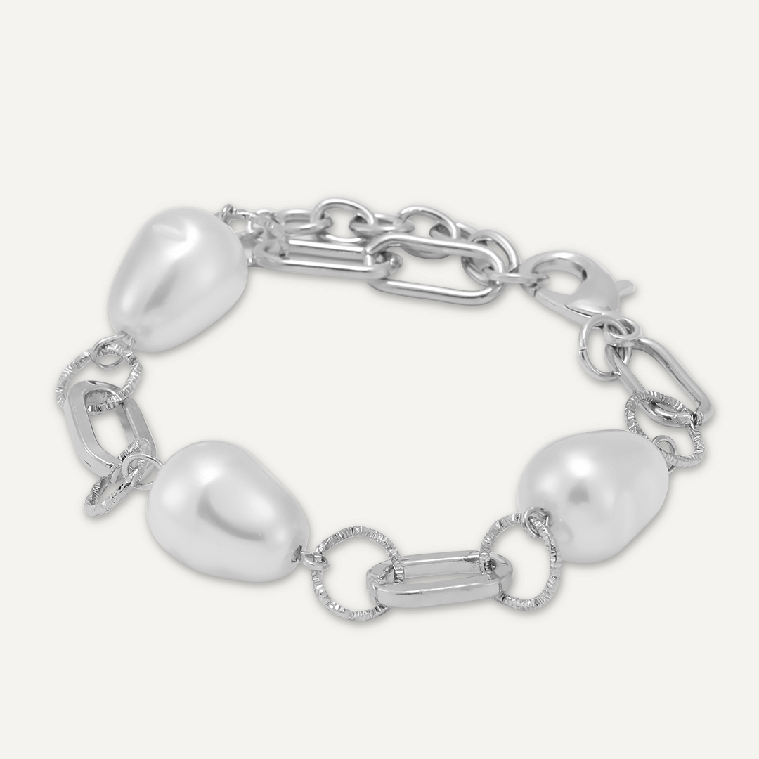 Faux Pearl Chain-Link Clasp Bracelet In Silver-Tone