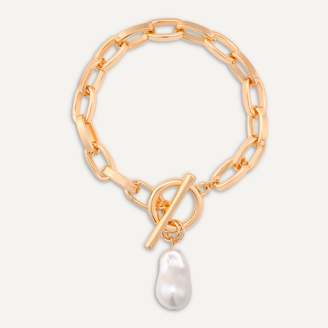 Chain-Link T-Bar Bracelet With Faux Pearl In Gold-Tone