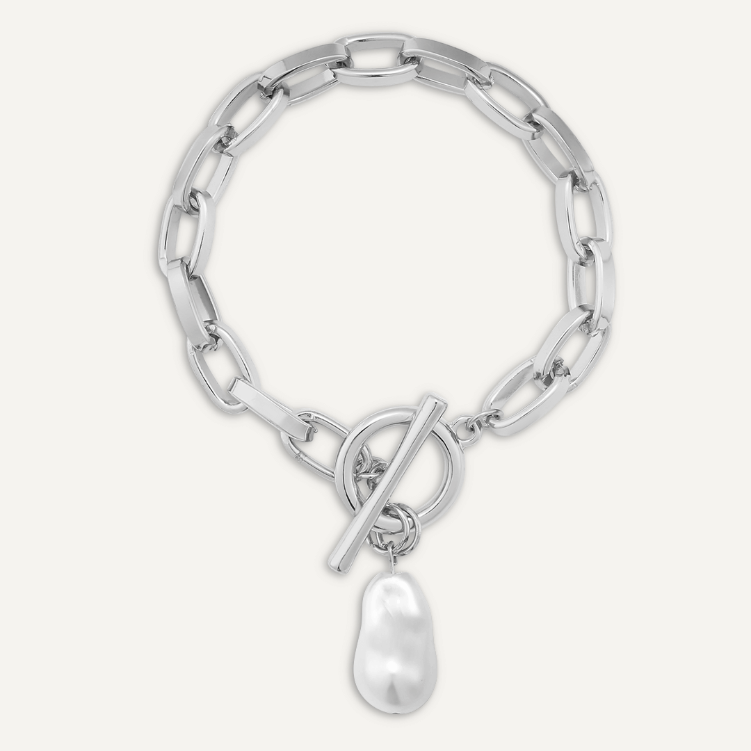 Chain-Link T-Bar Bracelet With Faux Pearl In Silver-Tone