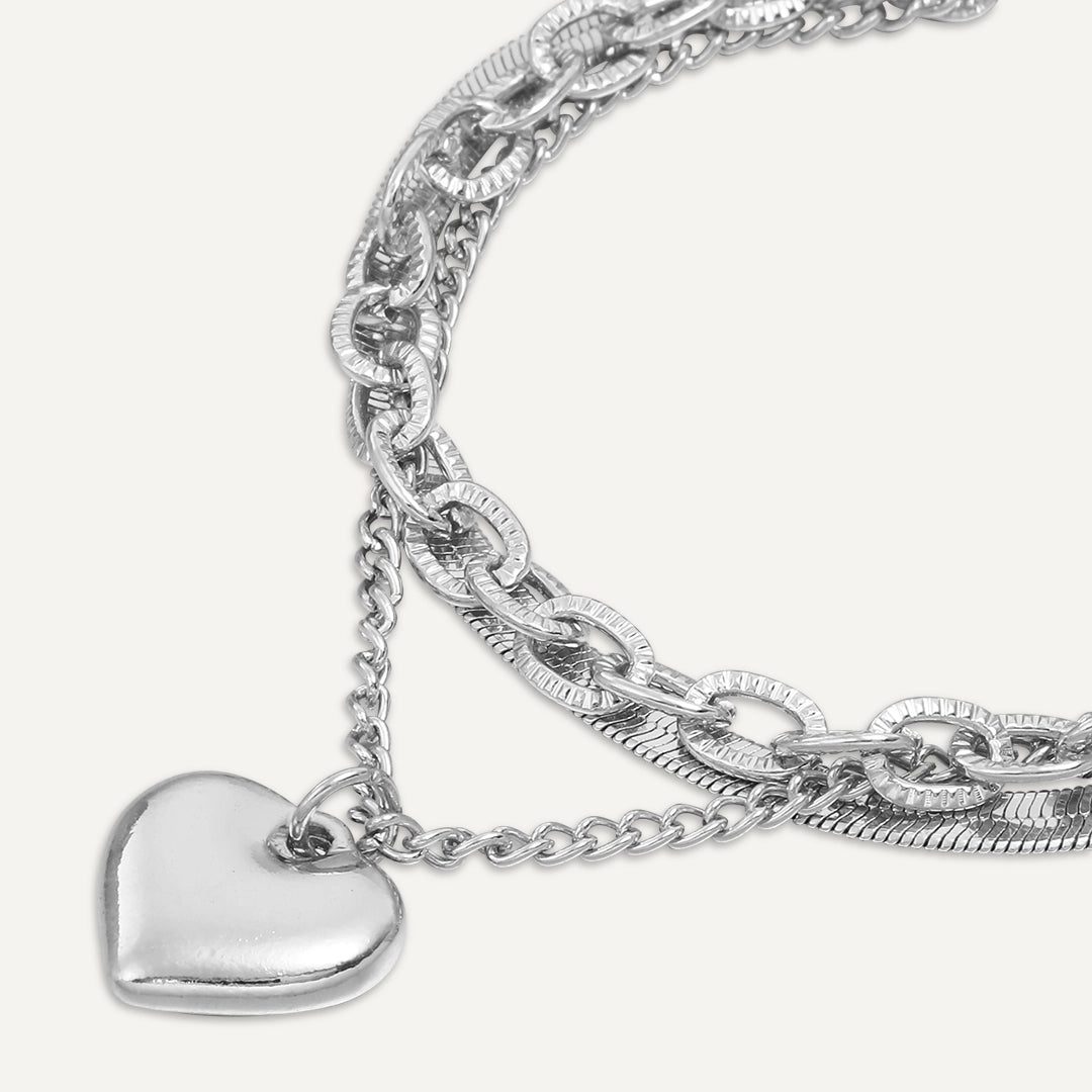 Layered Heart Charm Bracelet In Silver-Tone