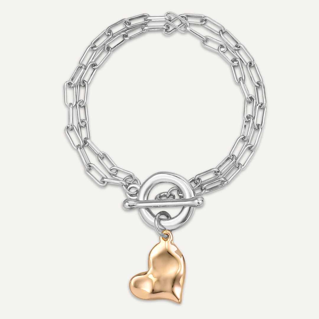 Heart Charm T-Bar Bracelet In Silver & Gold-Tone