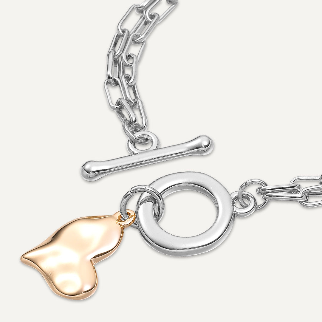 Heart Charm T-Bar Bracelet In Silver & Gold-Tone