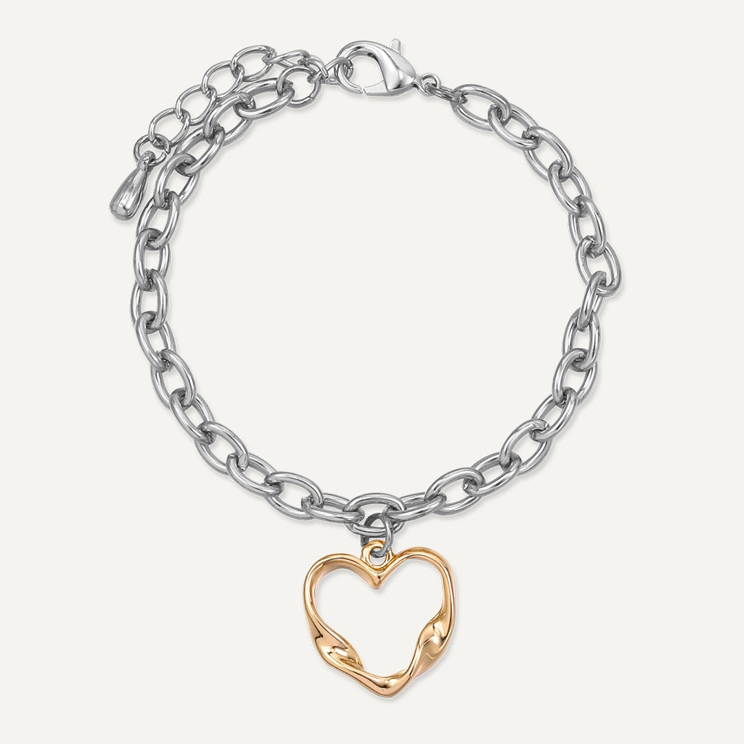 Open Heart Charm Chain Bracelet In Silver & Gold-Tone