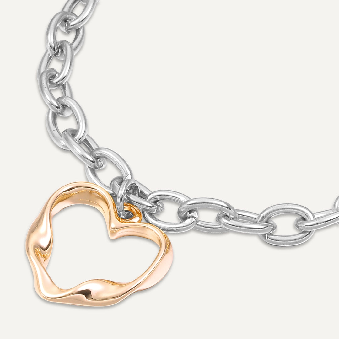 Open Heart Charm Chain Bracelet In Silver & Gold-Tone