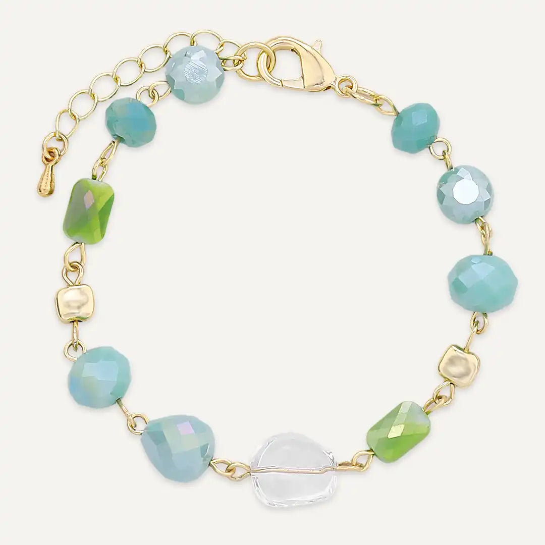 Faceted Blue and Green Beads Bracelet In Gold-Tone