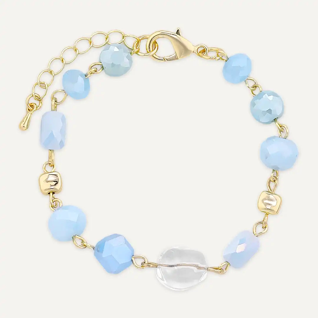 Faceted Sky Blue and Clear Beads Bracelet In Gold-Tone