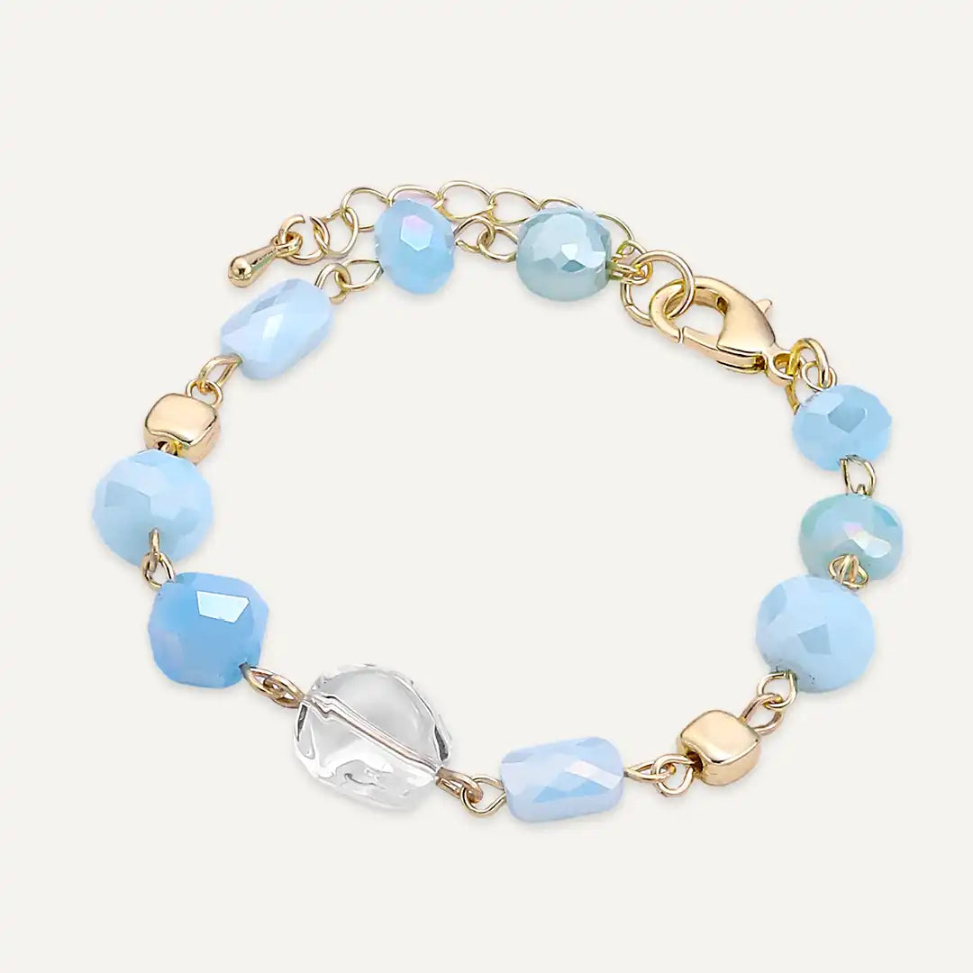 Faceted Sky Blue and Clear Beads Bracelet In Gold-Tone